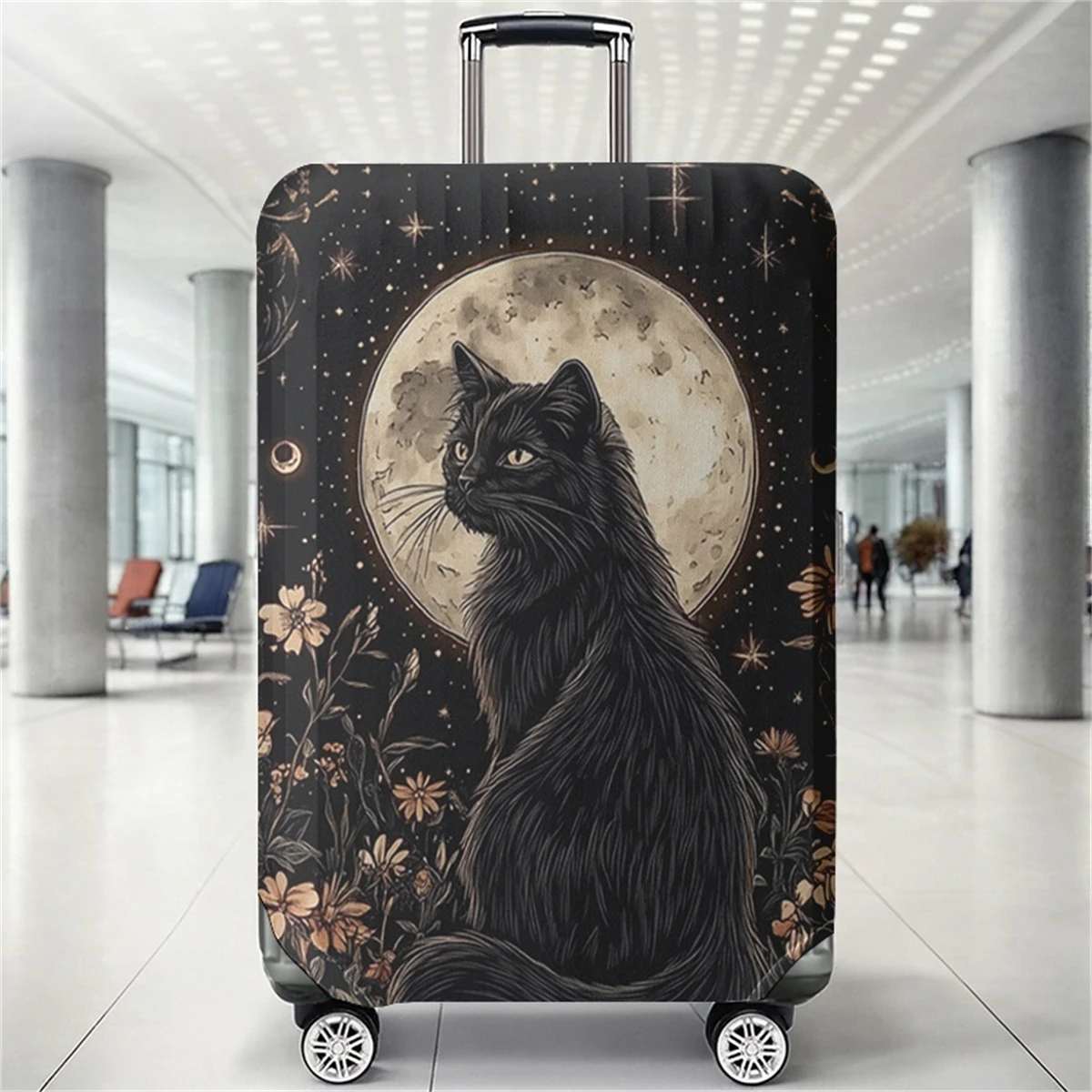 

Moonnight Black Cat Flower Pattern Luggage Protective Cover, suitable for 18-32 inch luggage covers, luggage handle gloves, trav