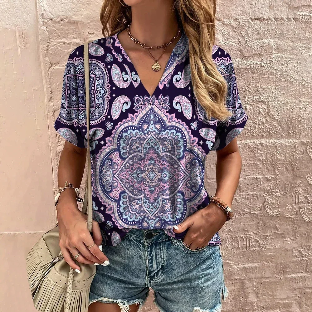 Damska koszulka letnia z etnicznym nadrukiem, plus size, z krótkim rękawem, modna koszulka z dekoltem w serek, codzienna koszulka Harajuku dla kobiet, streetwear