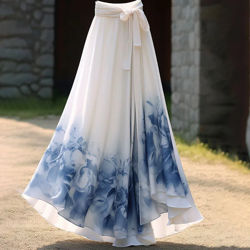 

Temperament Chinese Style Summer Women's Elastic Waist Printing Bandage Fashion Elegant High Waist Loose Mid-length A-line Skirt