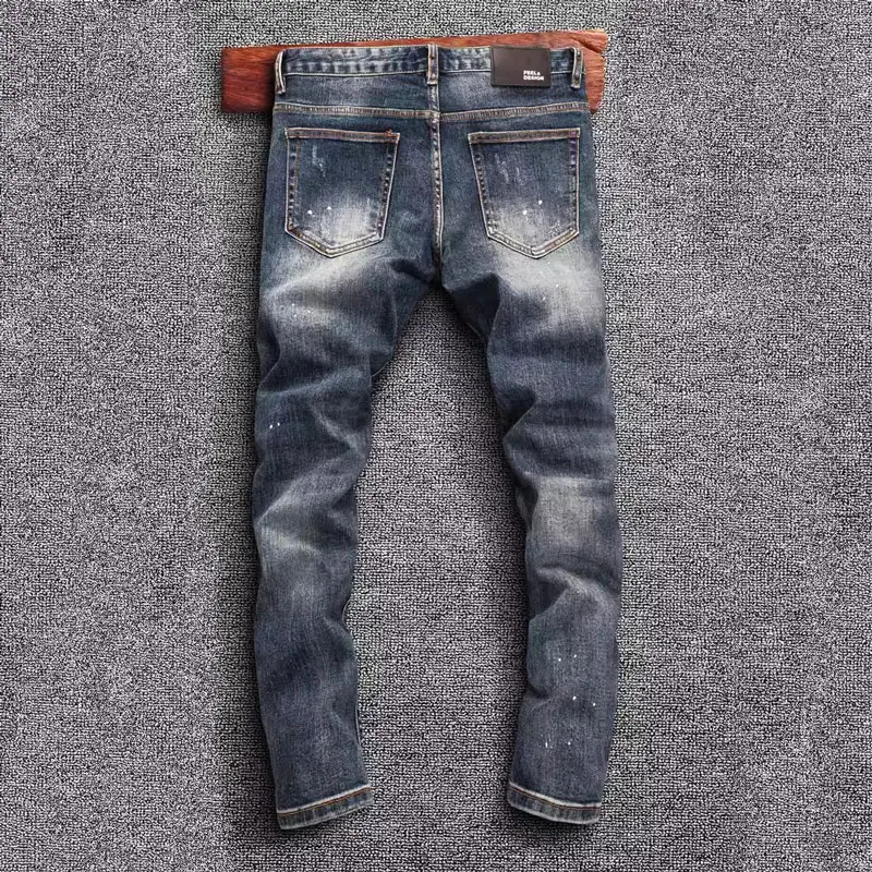 High Street Fashion Men Jeans Retro Blue Stretch Skinny Fit Ripped Jeans Men Hole Patched Designer Vintage Denim Pencil Pants