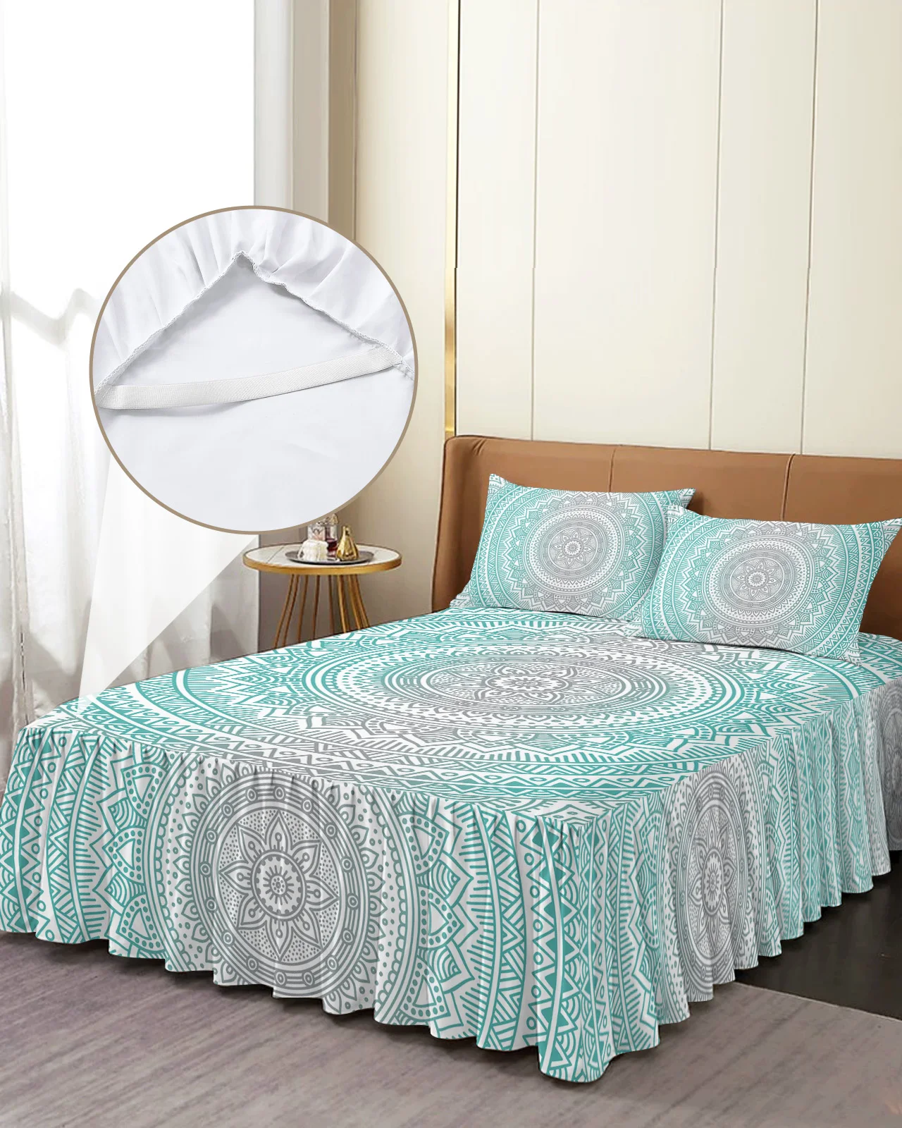 

Mandala Flower Cyan Skirt Elastic Fitted Bedspread With Pillowcases Mattress Cover Bedding Set Bed Sheet