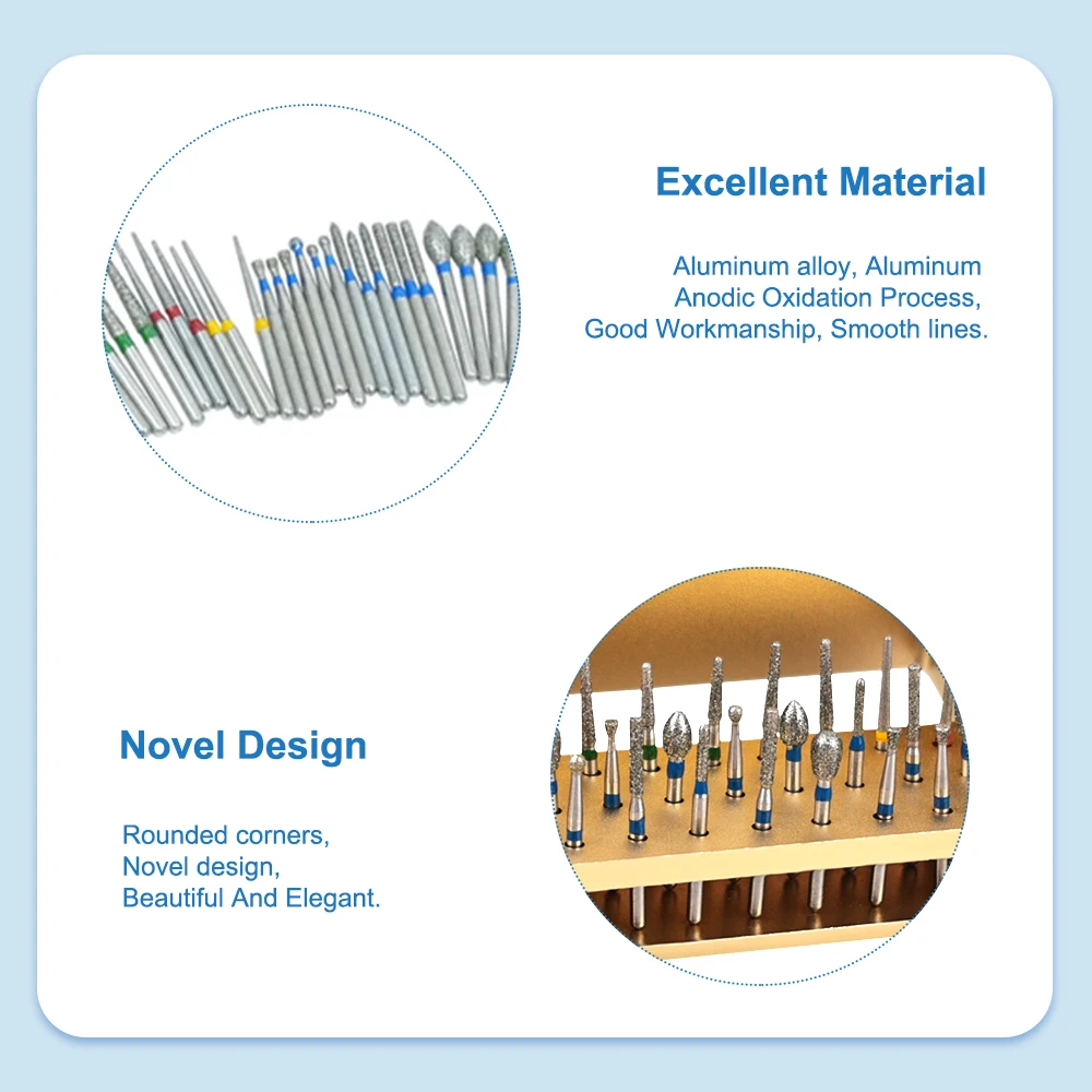 Assorted Dental Diamond Burs Kit with 30 Holes Autoclavable Aluminum Bur Holder for High Speed Handpiece Crown Preparation Tools