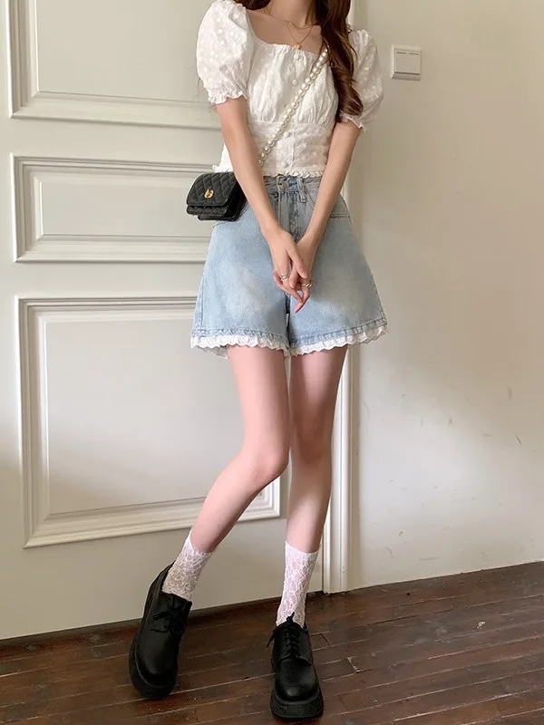 플러스 사이즈 여름 레이스 트림 데님 반바지 여성용 하이웨이스트 루즈핏 와이드 레그 팬츠 슬리밍 효과 트렌디 캐주얼 청반바지