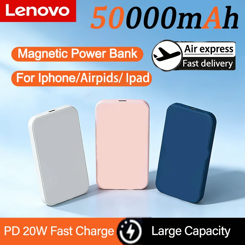 Lenovo Magnetic Power Bank For Magsafes 50000mAh Wireless PD 22.5W Fast Charger Powerbank External Battery For iPhone Samsung