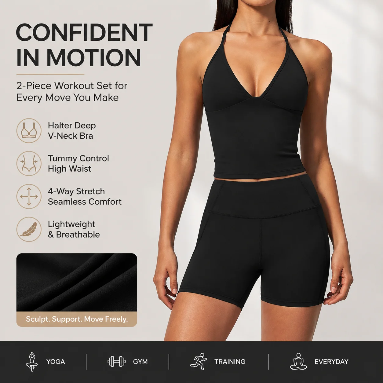Women's Halter Deep V-Neck Longline Sports Bra and High Waist Biker Shorts Set Seamless 2-Piece Workout Outfit with Tummy Contro