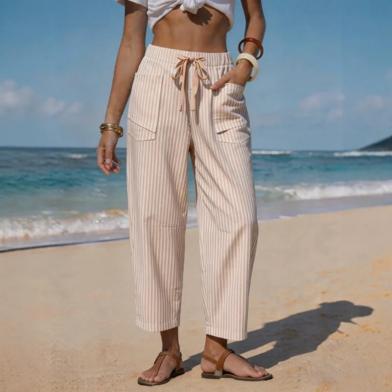 Drawstring Striped Linen Look Cropped Pants Women Pockets Beach Casual Trousers