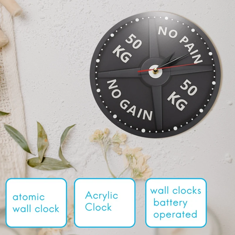 

Настенные часы Strongman 50KG с креативным принтом, круглые, для спортзала, с изображением гантелей для тяжелой атлетики и бодибилдинга, бесшумные, акриловые