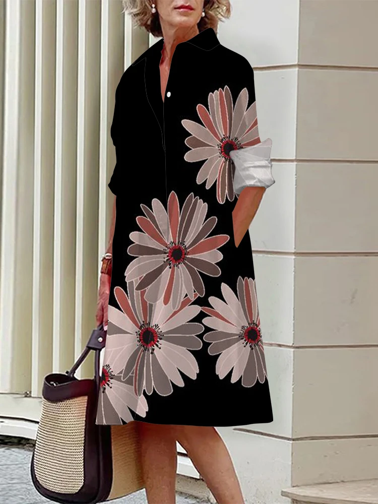 Creative Printed Women's Shirt Dress Stylish and Elegant Dress Outdoor Street Casual Long-Sleeved Shirt Dress Women's Clothes
