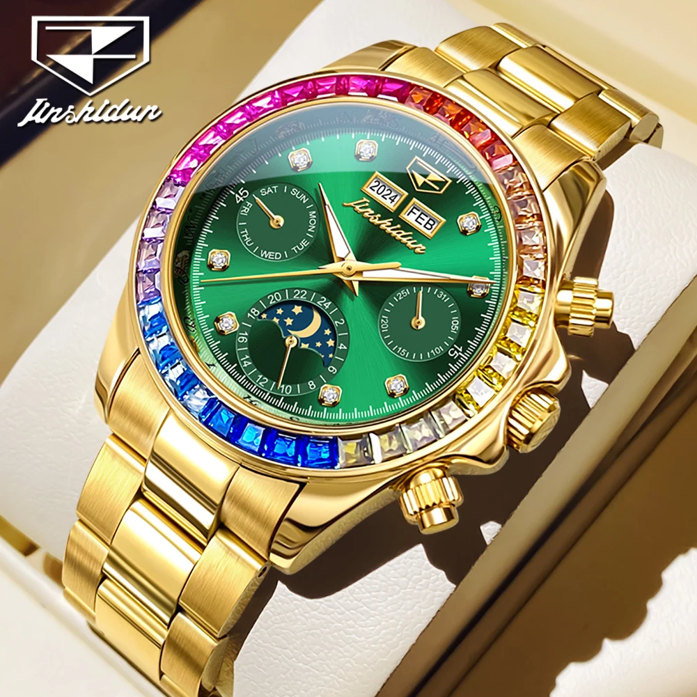 JSDUN 8974 Automatic Watch For Men Luxury Diamond Scale Mechanical Man Watch Waterproof Luminous Calendar Moon Phase Hand Clock