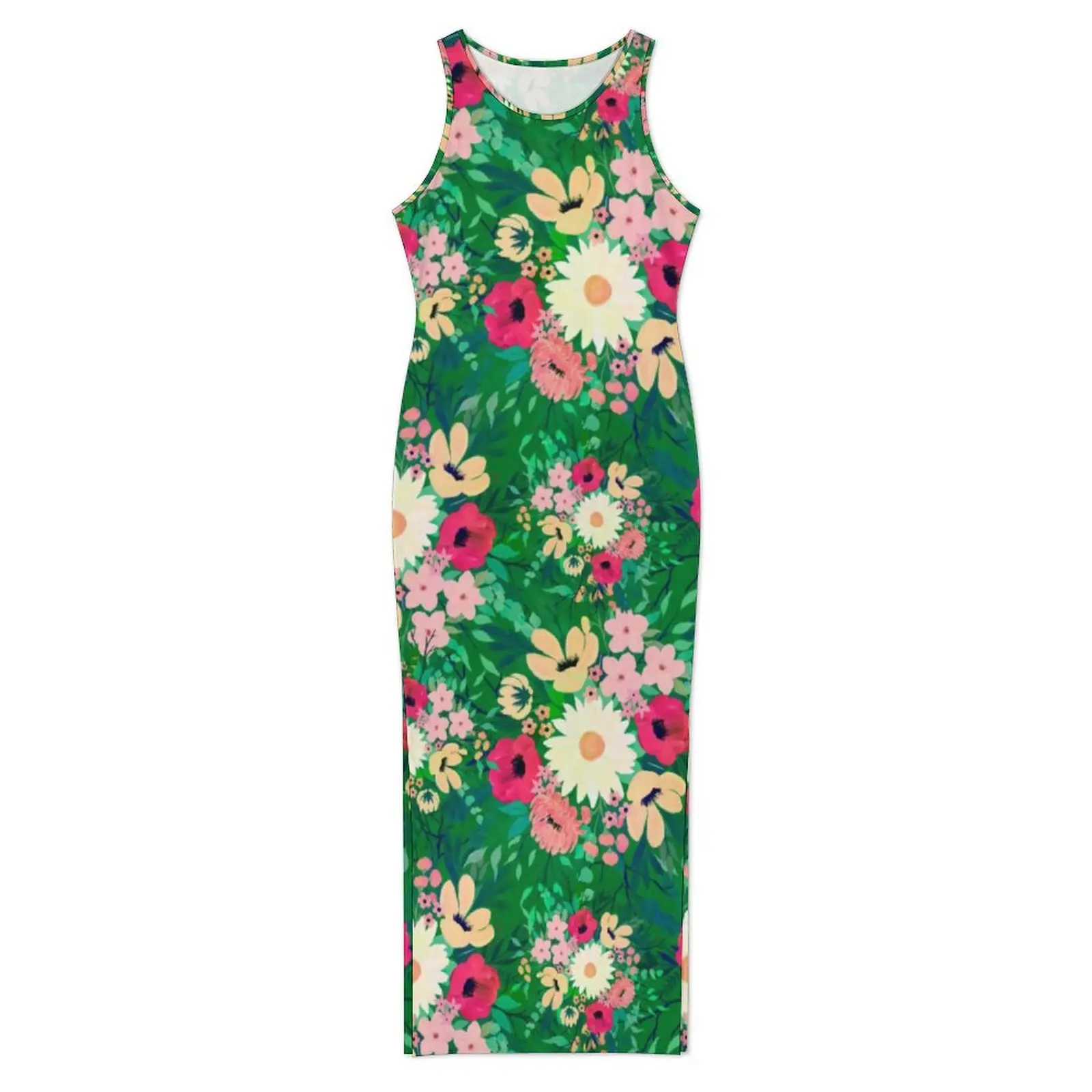 Watercolor Daisy Print Dress Sleeveless Colorful Floral Retro Maxi Dresses Summer Korean Fashion Graphic Bodycon Dress Big Size