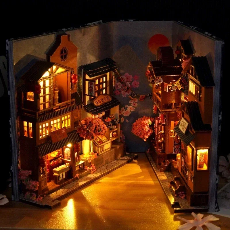 Japanese Sakura Alley DIY Wooden Book Nook Shelf Insert Kit, Bookshelf Assembly Bookend Decor Miniature Doll House Handmade Gift