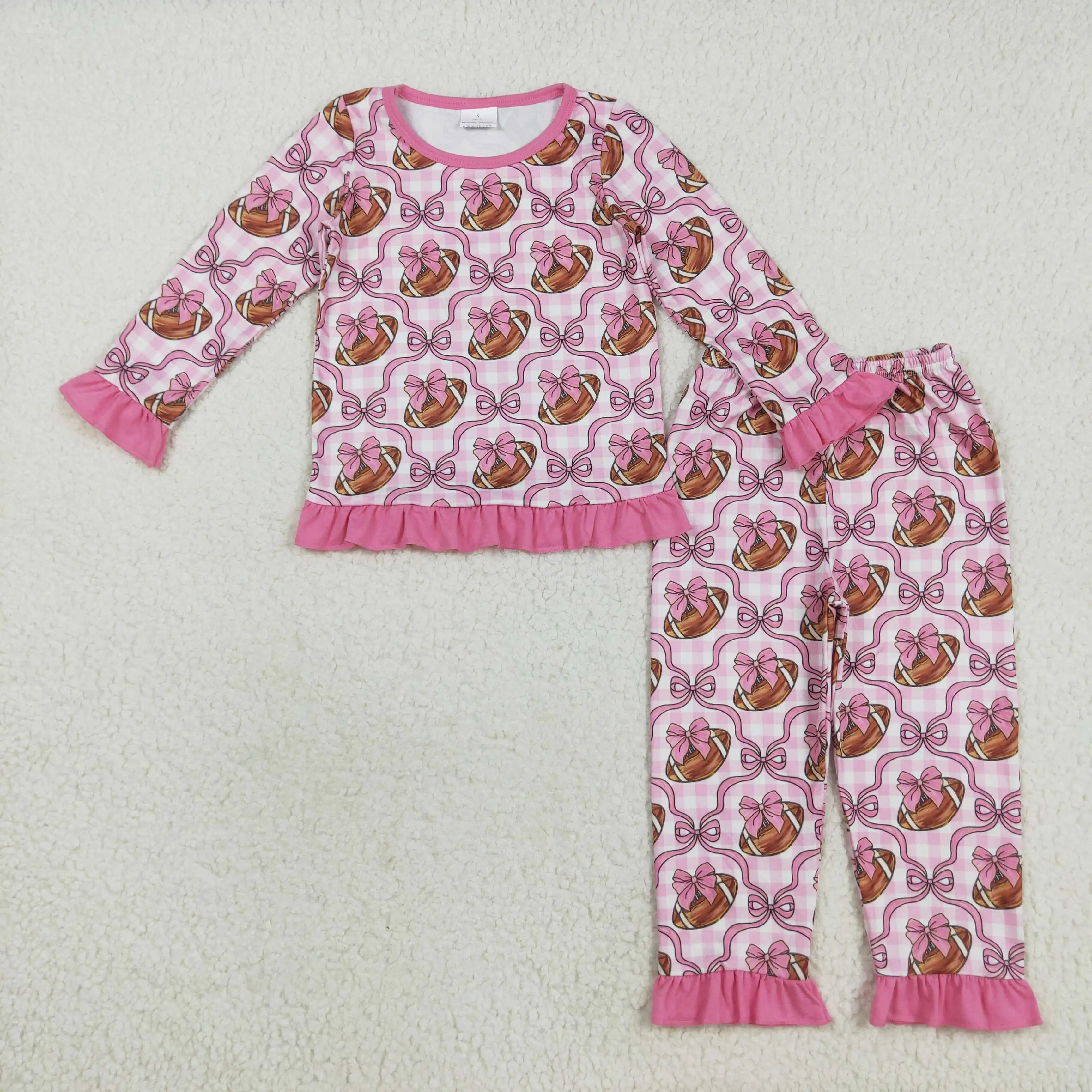 

8.23y Footballs Pajamas Winter Baby Girls Pink Bows Set Team Print Sleepwear Infants