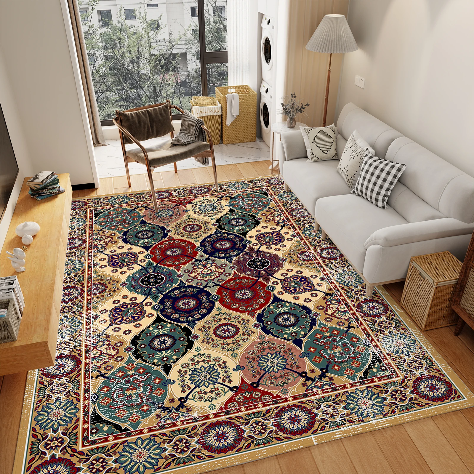 

Washable Vintage Medallion Small Rug with Non-Slip BackingSoft and Stain ResistantNon-SheddingLow Plush Floor Rug Pad