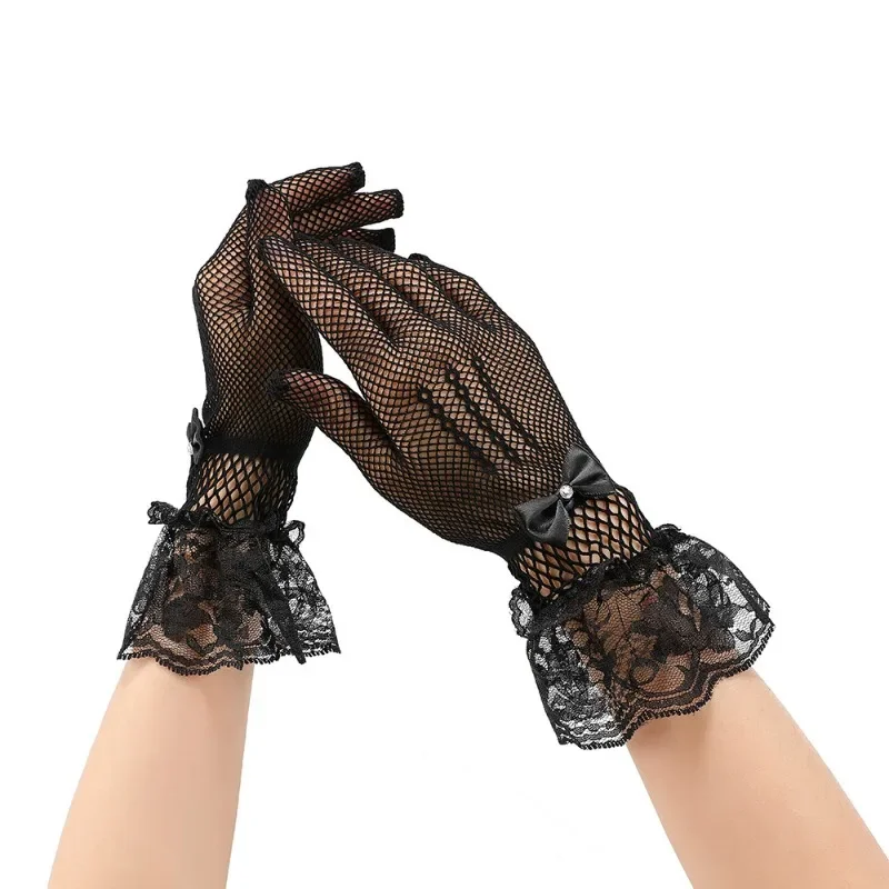 Сетчатые перчатки в сеточку, кружевные эластичные перчатки для выступлений на сцене, дышащие перчатки с бантом для невесты, женские дышащие модные перчатки