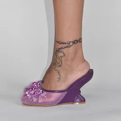 2025European and American Summer Thick High-heeled Mesh Sandals, Fashionable Hollowed Out Slope High-heeled Women's Slippers