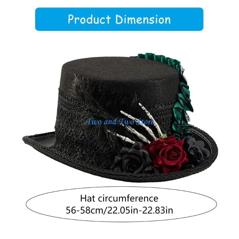 HX6F Victorian Theme Top Hat Costume Props Headwear with Dark Flower Skeleton Hand and Lace Design For Adult Costume Event