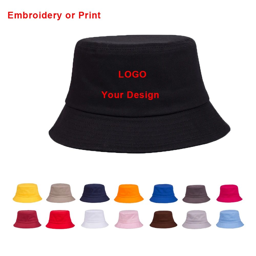 

Men Women Customize Logo Bucket Hats Wholesale Sun Protection Fisherman Hats DIY Design Embroidery or Print Buckets Cap