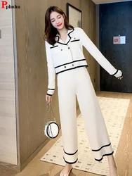 Spring 2 Piece Sets Soft Short V-neck Cardigan Outfit High Waist Ankle Length Baggy Wide Leg Pant Suits Korean Print Ensemble