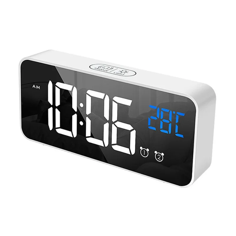 Music Alarm Clock LED Digital Clock 2 Alarms Voice Control Snooze Temperature Display Digital with USB Cable White