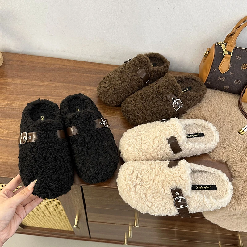 Furry Lambswool Slippers Woman Cover Toe Mules Shoes Winter Slip on Sliders House Pantuflas Mujer Curly Wool Fur Loafers