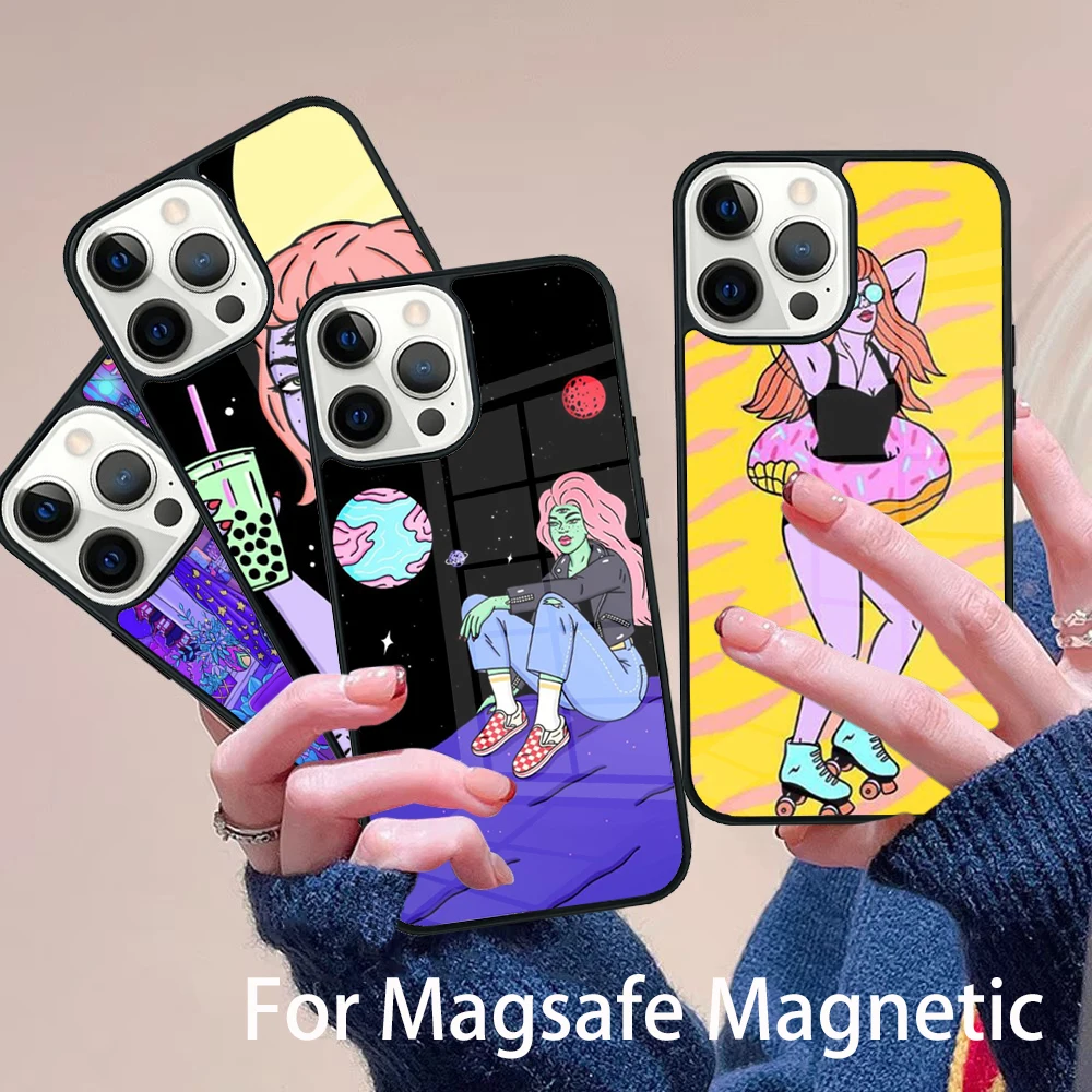 

Aesthetics Cartoon alien space Phone Case Magesafe Magnetic Wireless Charge Cover For IPhone 16 11 12 13 14 15 Pro Max Plus Mini