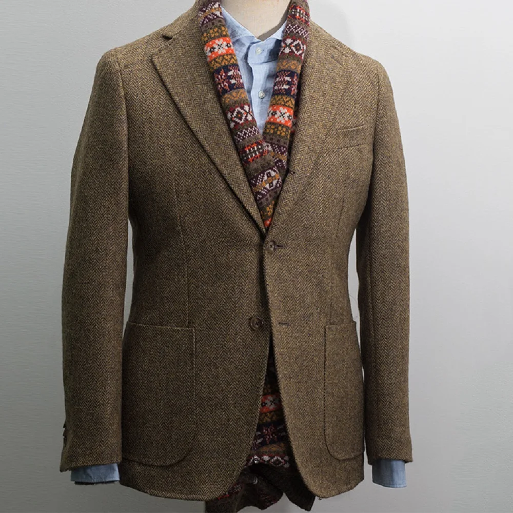 Abito da uomo Blazer marrone Smoking da ballo Giacca da lavoro formale monopetto in tweed di lana a spina di pesce per matrimonio (solo cappotto)