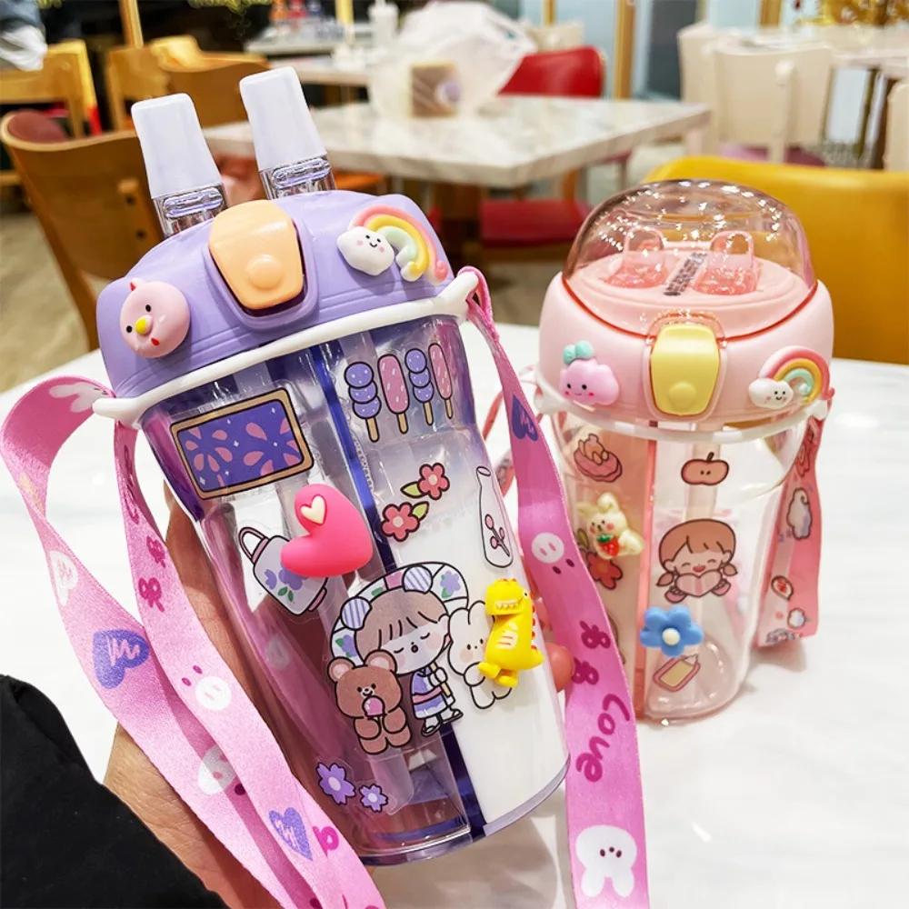 

430ml Double Drinking Water Bottle with Straw 3D Stickers Double Straw Water Kettle Cup Straw Brush Separated Water Cup