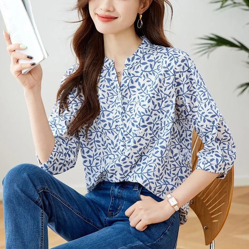 

V Neck Printed Shirts Women 2025 New Flower Three-quarter Loose Casual Blouse Spring Autumn Tops