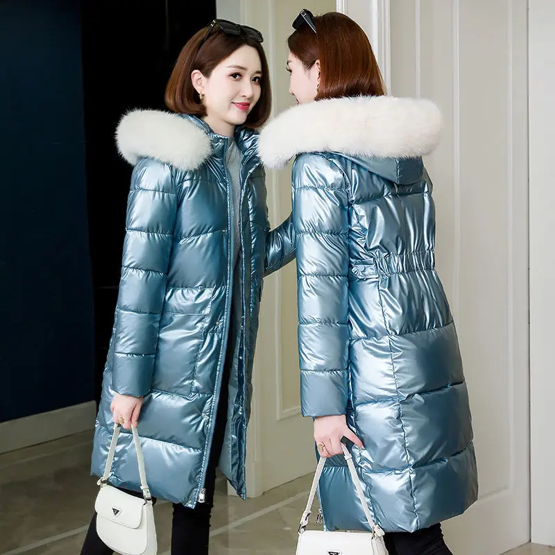 2023 New Women Down Cotton Coat Winter Jacket Female Thick Thin Parkas Fur Collar Hooded Outwear Mid Length Version Overcoat
