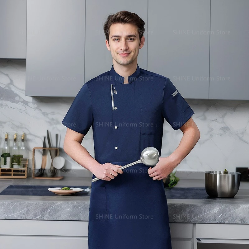 Abrigo de Chef de restaurante transpirable para hombre, uniforme de Chef de manga corta, chaqueta de cocina, delantal blanco, ropa de trabajo, logo, pantalones cortos de Chef de verano