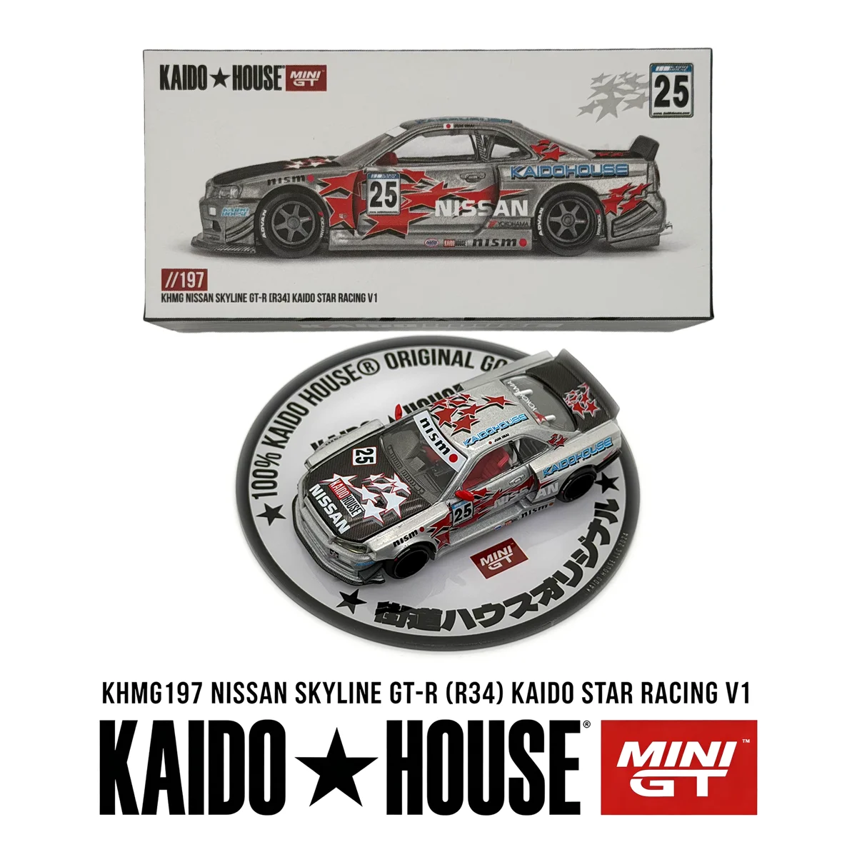 In Stock KHMG 197 1:64 Kaido House JDM Skyline R34 GT-R Star Racing Silver Widebody Open Hood Diecast Collectible Model Vehicles