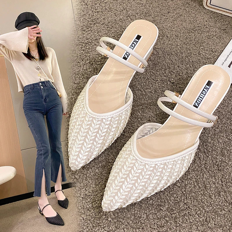 String Bead Slippers Casual Square heel Shoes Women Heels Pointed Toe Slides Med Pantofle Luxury Block High Cover 2024 PU Spring