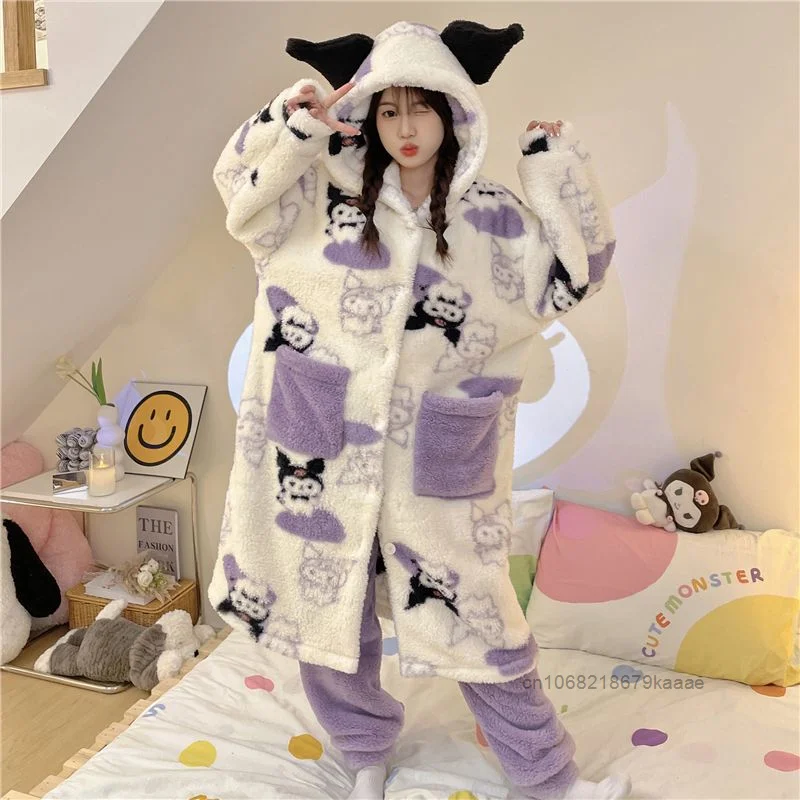 Sanrio Kuromi Cartoon Cute Purplu Pajamas Winter Coral Velvet Thickened Hooded Home Wear Set Lovely Soft Y2k Girl Nightgown Suit