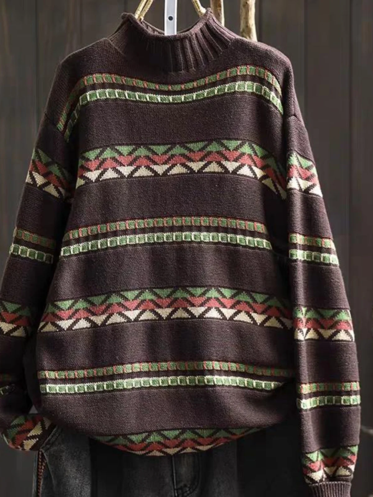 レトロニットコットンセーター女性ルーズカジュアルオーバーヘッド f ハイカラースリミングトレンディロング Sve 植物花柄