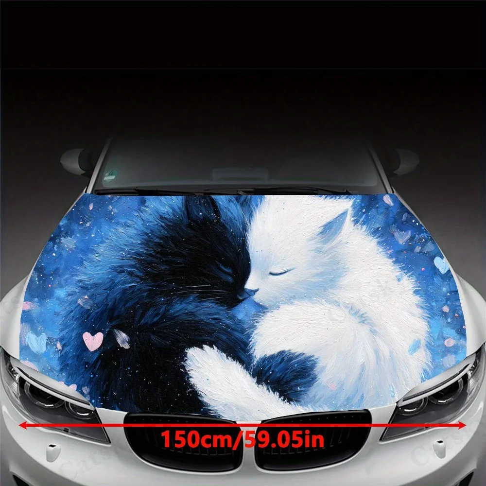 Whimsical Sweet Cats Cuddling Kittens with Hearts Petals Car Hood Sticker PVC Self Waterproof stick, Striking Auto Exterior Acce