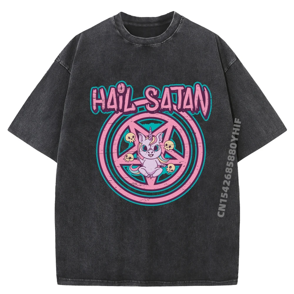 

Hail Satan Unicorn Black Dark Cute Oversized T Shirt Custom Washed T Shirt Graphic T-shirts Print Soft Clothes