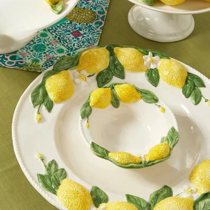 Ceramic handmade three-dimensional lemon tableware, flat plates, dishes, Western dessert ideas