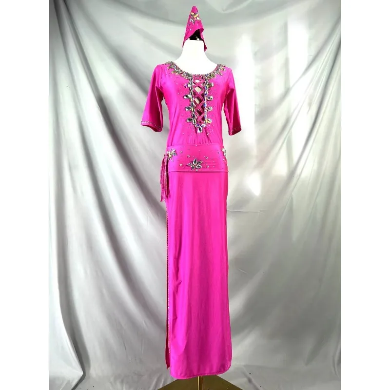 Sukienka do tańca brzucha, ludowa, zdobiona diamentami, Baladishabbi, strój do występów, sukienka na zawody dla zespołu tanecznego w stylu orientalnym.