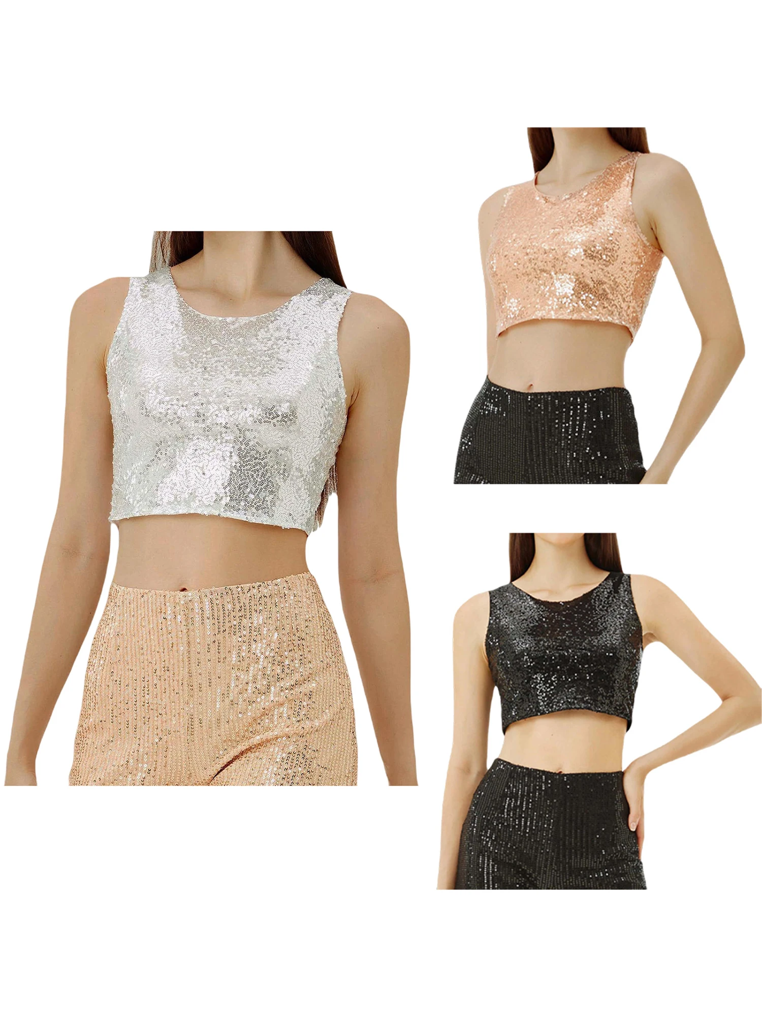 Sequin Embellished Sleeveless Crop Top with Round Neckline and  Fit Stylish Navel-Baring Vest for Trendy Summer Streetwear