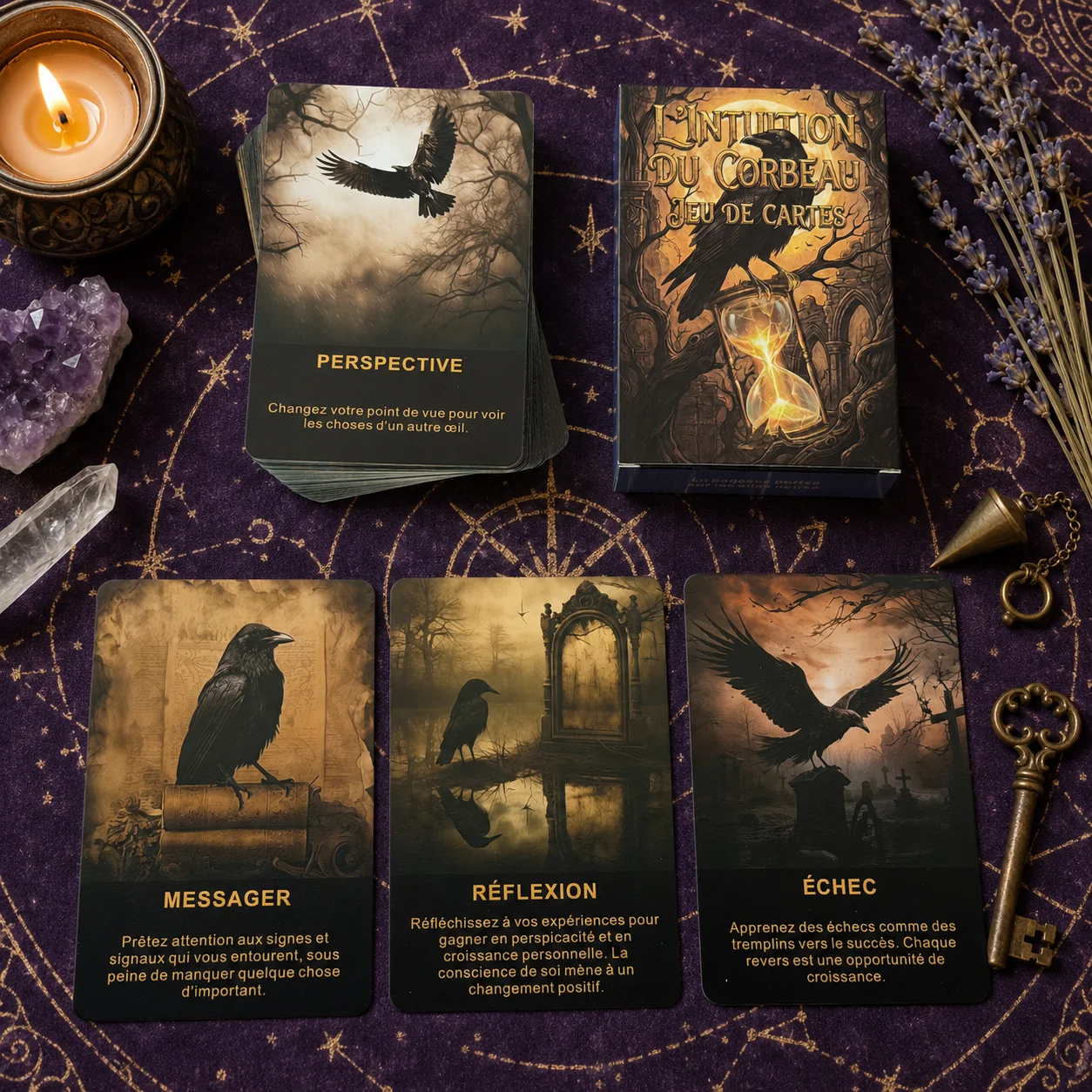 French Raven Oracle Cards, 50 Dark Retro Illustrations Tarot Deck, Divination Tool, Meditation Intuition Card, Mystical Gift