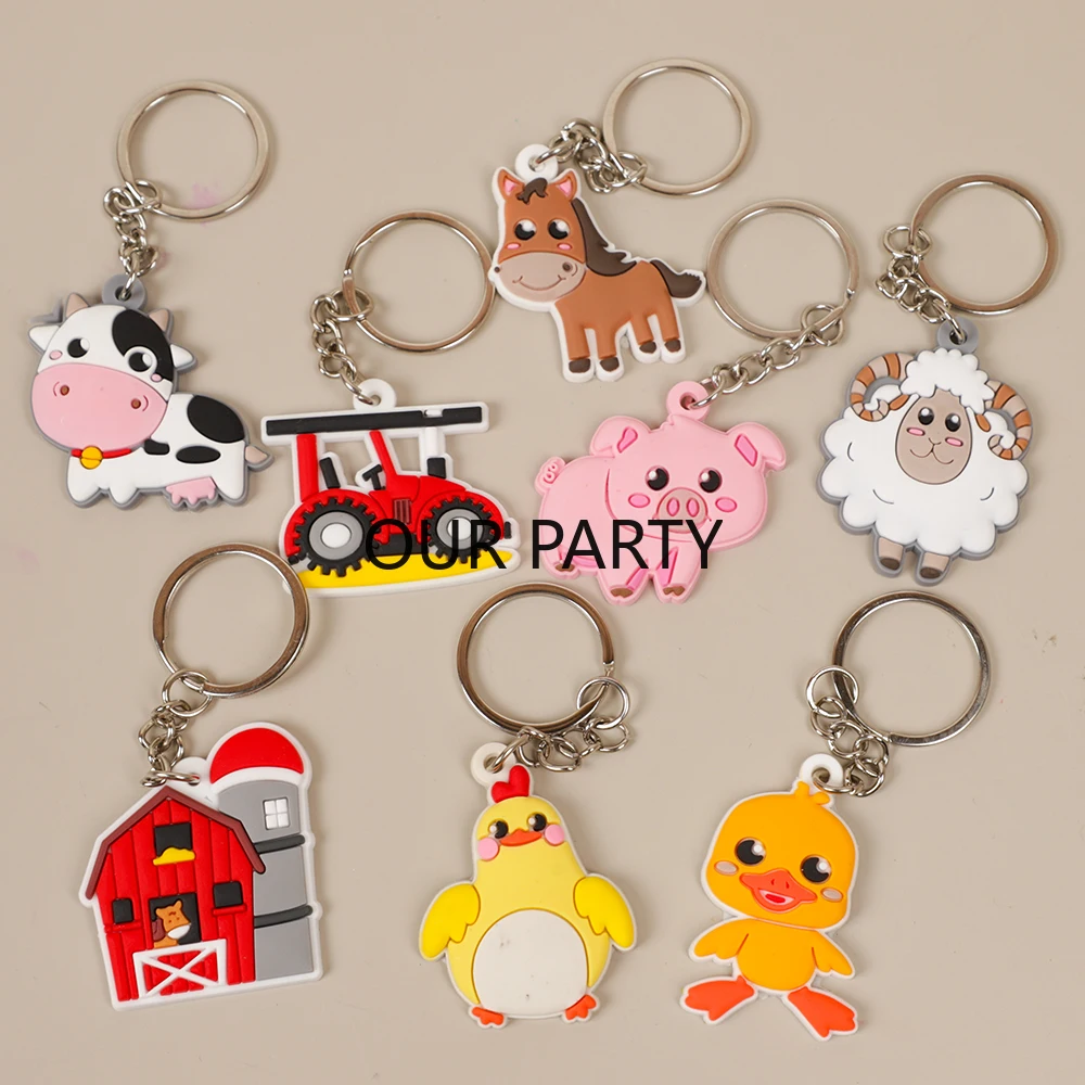 8Pcs/set Cute Farm Animal Theme Keychains Backpack Pendant for Kids Birthday Party Favors Baby Shower Goodie Bag Pinata Fillers