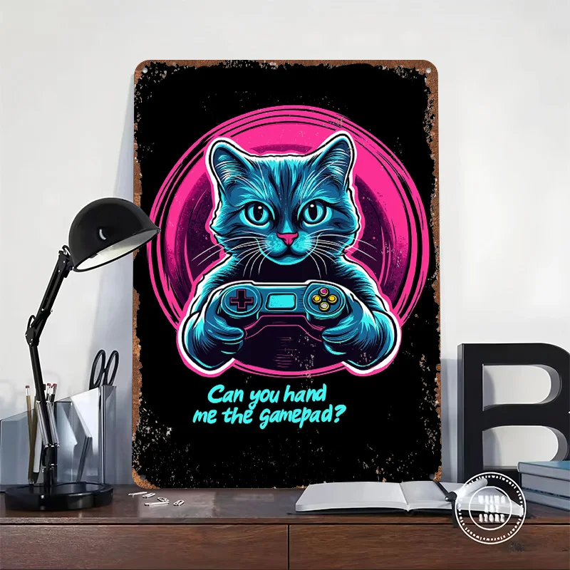 Gamer Cat Gaming Gamepad Printed Poster Customized Wall Art Retro Vintage Metal Tin Signs for Decoration Garage Desk Decor Room