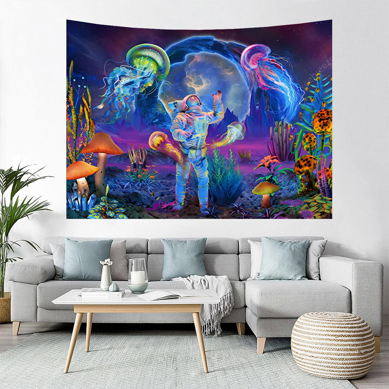 UV Reactive Tapestry Psychedelic Astronaut Dancing with Jellyfish Surrounded Plants Mushrooms Sofa Blanket Yoga Mat Home Decor