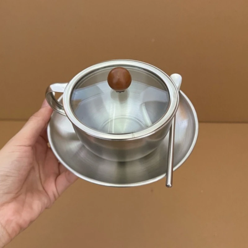 

Retro Stainless Steel Coffee Cup and Saucer Set for Milk Breakfast, Afternoon Tea, and American-style Latte Cups