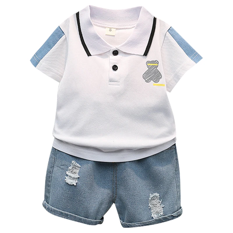 2024 trade summer new cartoon printed round neck T-shirt casual sports jeans short sleeve set 1-5 year old baby children's set