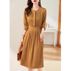 Elegant O-Neck Spliced Loose Bandage Bow Folds Midi Dress Women Clothing Autumn New Long Sleeve Solid Color Casual Dresses