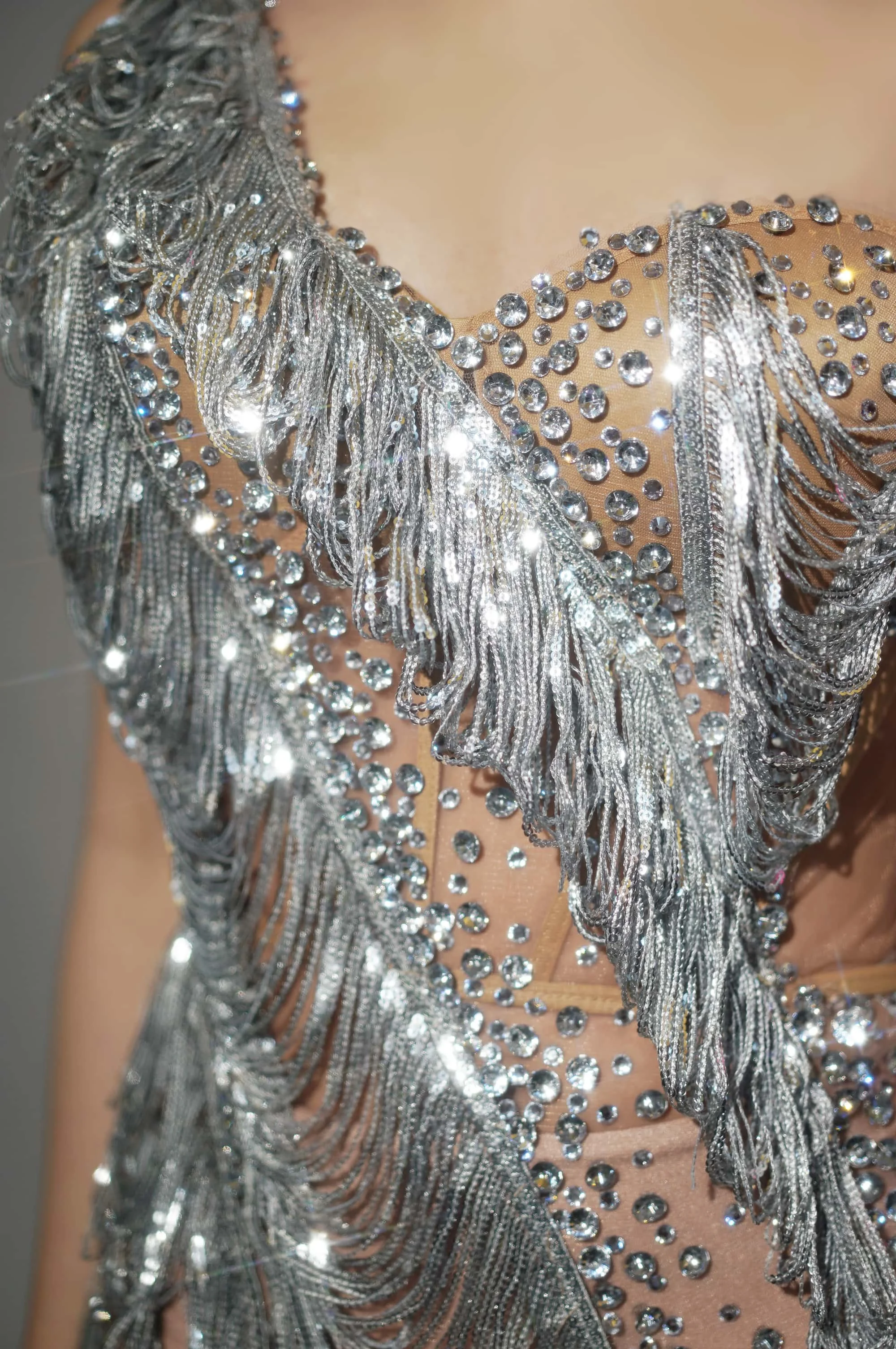 

Sparkly Rhinestone Tassel Mini Dress Nightclub Latin Dance Stage Performance Wear Party Outfit Bodycon One shoulder Short Dress