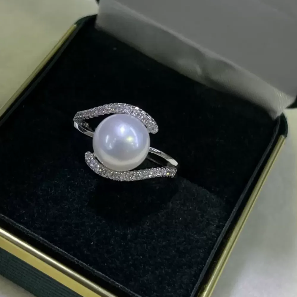 

Beautiful AAA 9-10mm white natural round South Sea pearl opening adjustable ring 925S