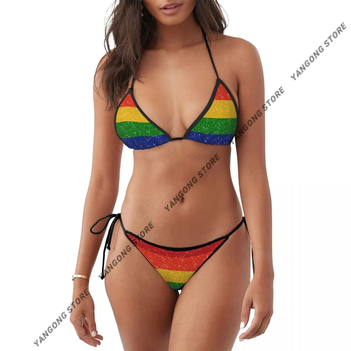 

Woman Swimwear Thong Bikini Set Sexy Swimsuits Glitter Rainbow Pride Flag Bathing Suits Triangle Bandage Female Beachwear