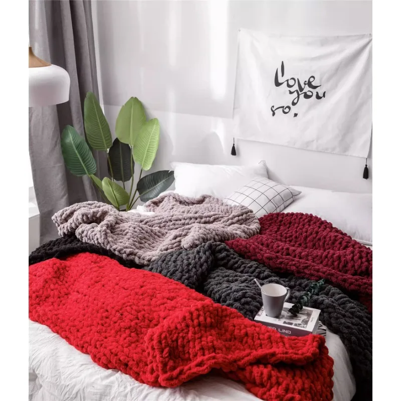 Ins Nordic luxury online celebrity handmade coarse wool knitting blanket chenille stick knitting blanket sofa cover blanket